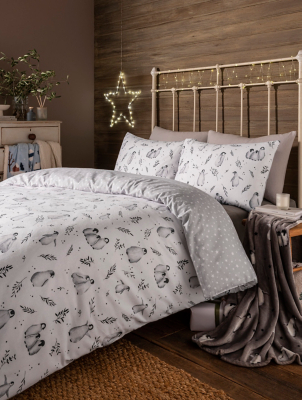 White Brushed Penguin Duvet Set Home at ASDA