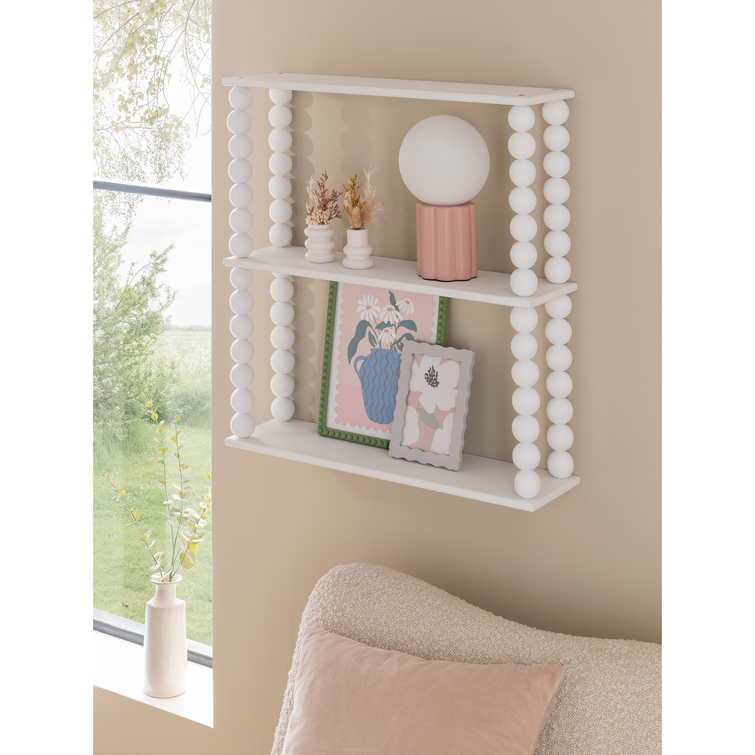 George White Wooden Wall Shelf With Bobbin Edge