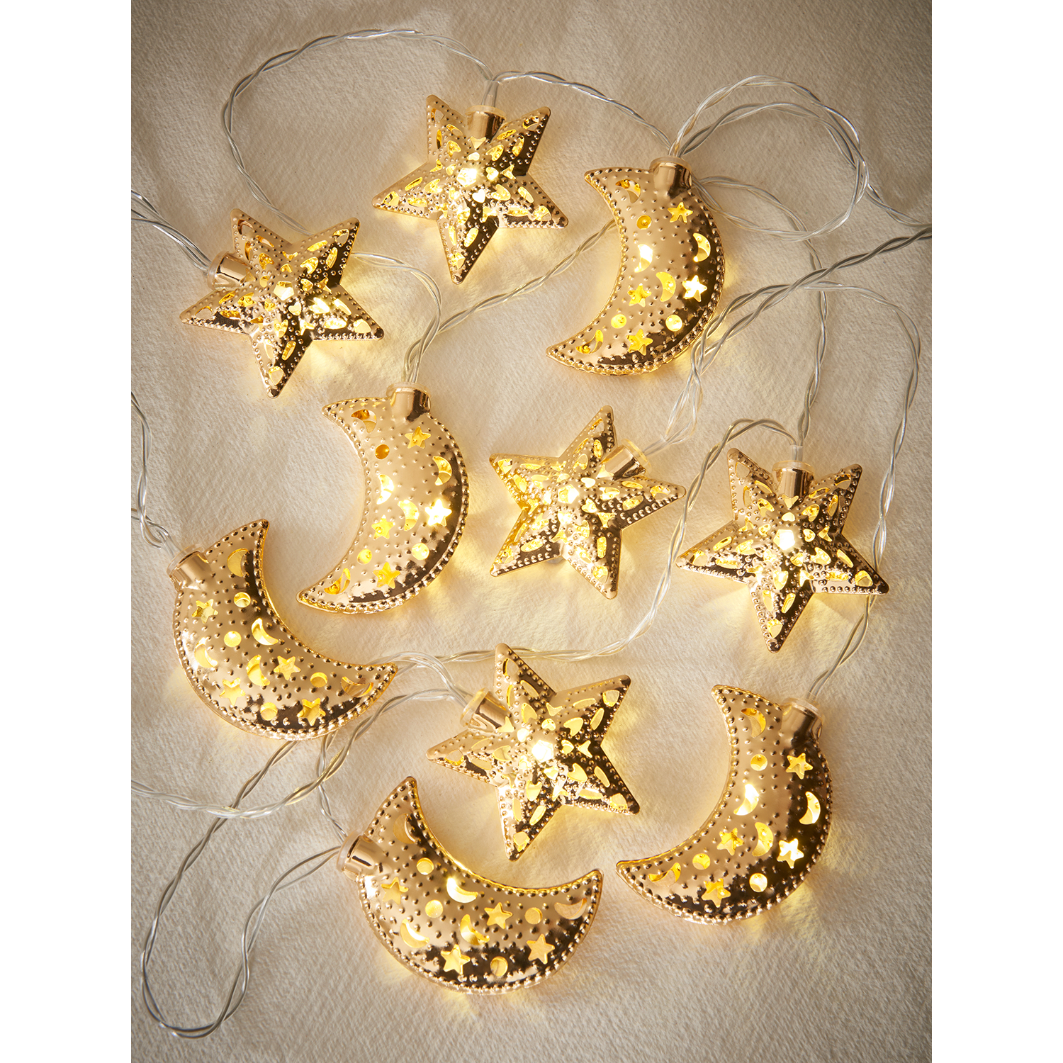 George Gold -Tone Beaded Edge Moon & Star String Lights