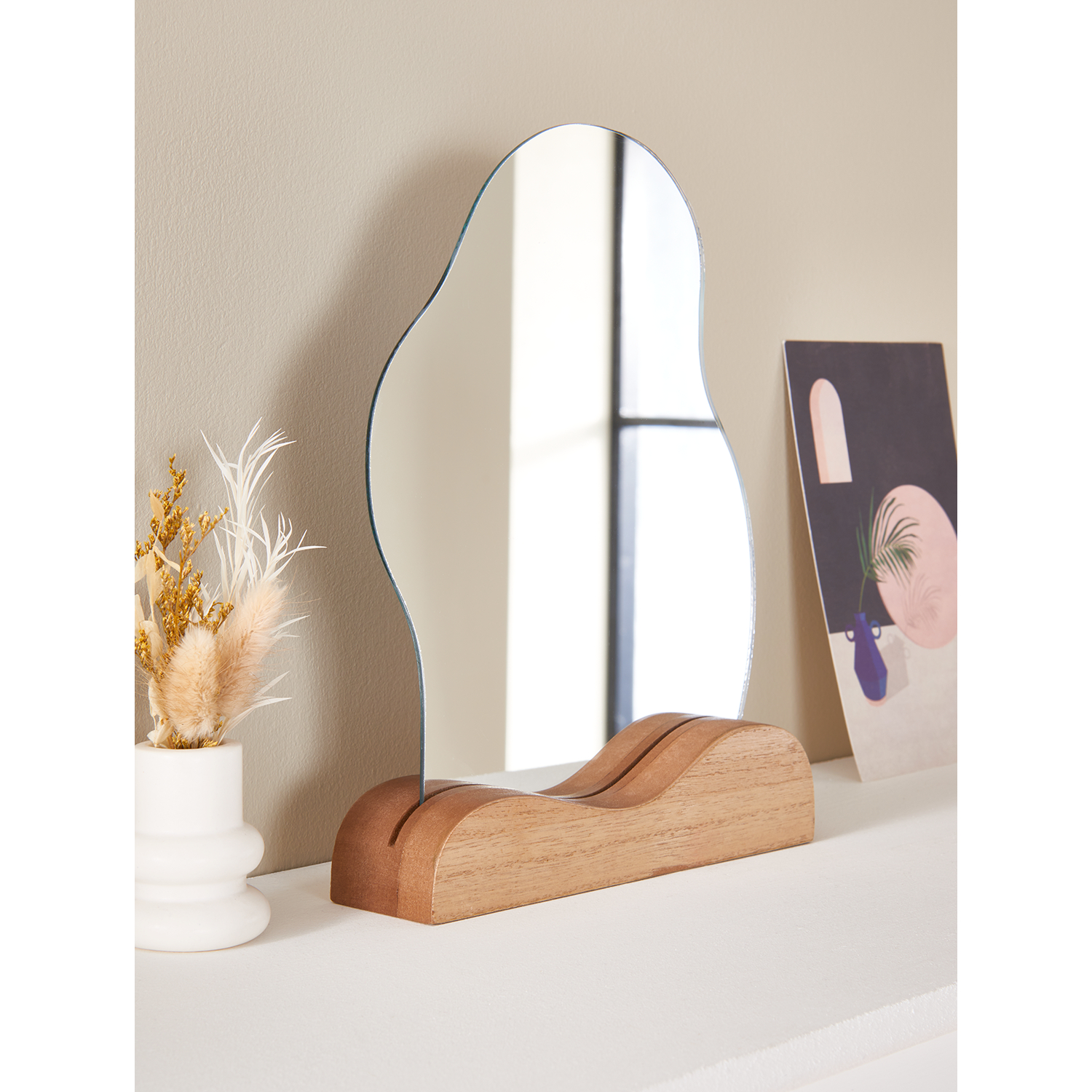 George Pebble Fluid Mirror On Wood Base