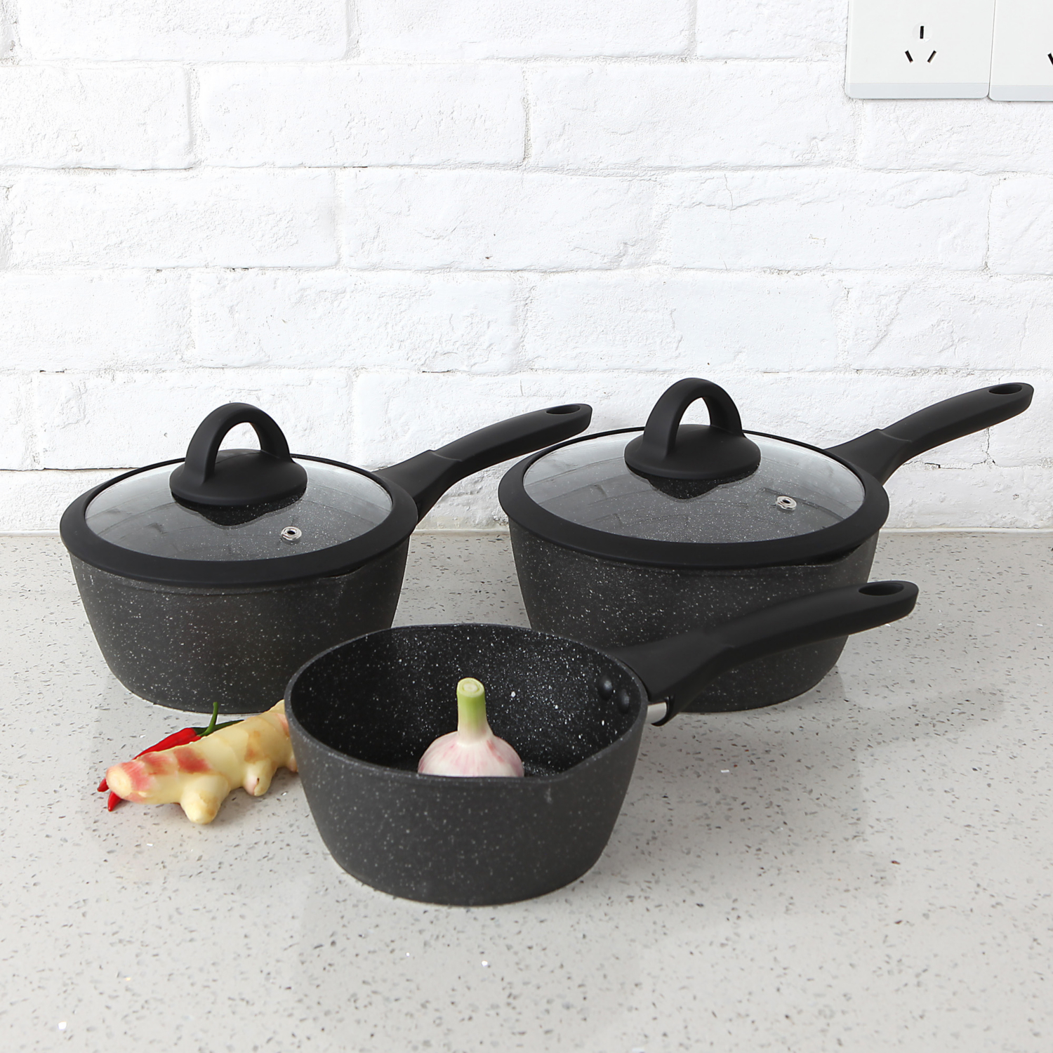 George Black Marble Effect Soft Grip Saucepans - Set Of 3