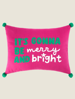 Pink Merry and Bright Cushion with Pom Poms Home at ASDA