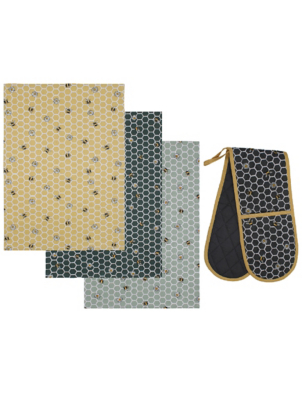 Bee Tea Towel & Oven Glove Set Home at ASDA