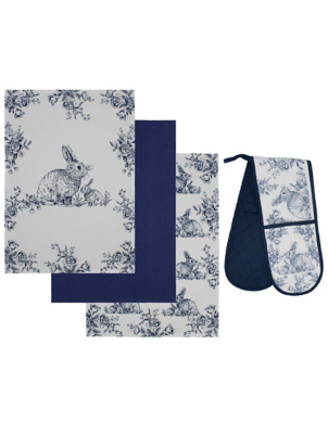 Blue & White Rabbit Tea Towel & Oven Glove Set Home at ASDA