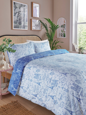 Blue & White Paris In Spring Reversible Duvet Set Home at ASDA