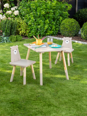 Wooden Table and Chairs Set with Bear Print Outdoor & Garden