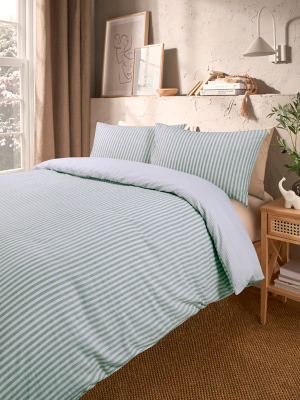 Green & White Textured Stripe Seersucker Duvet Set Home at ASDA