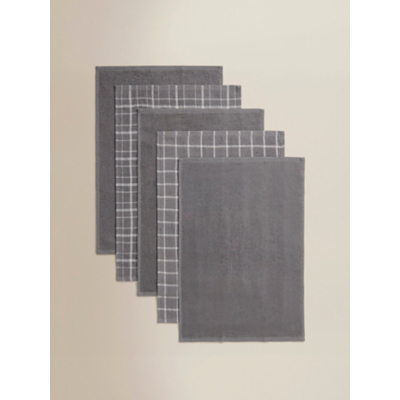 George White & Grey Check Terry Cotton Tea Towels - Set of 5 - White & Grey