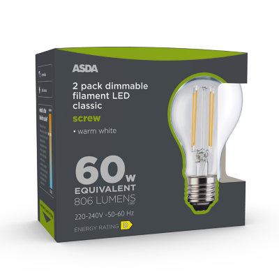 ASDA LED Filament Classic 60W Large Screw Dimmable Clear Lightbulb