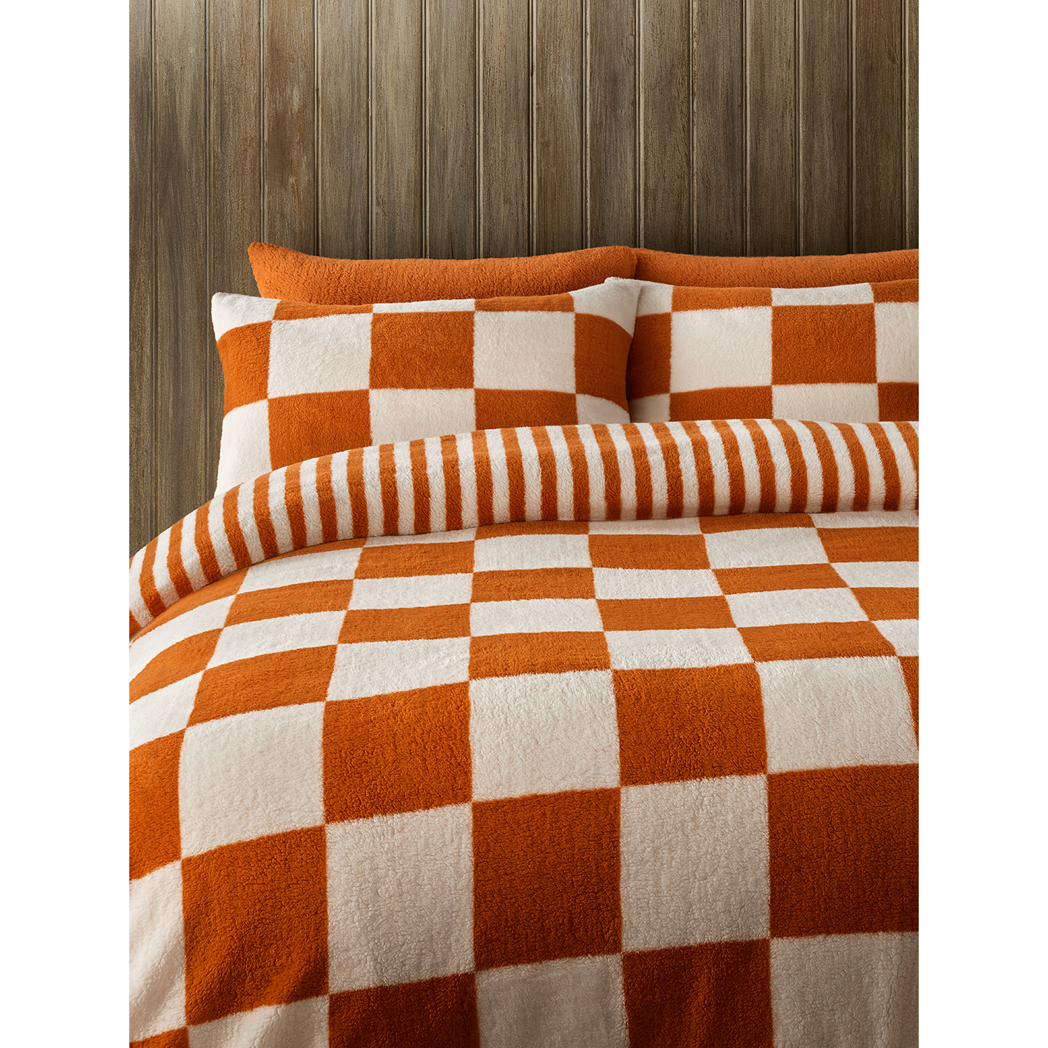 George Orange Checkerboard Print Teddy Reversible Duvet Set