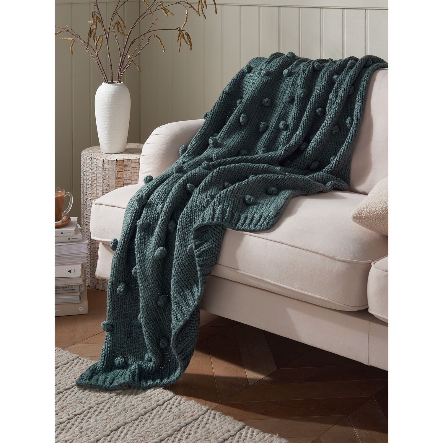 George Sage Green Stacey Solomon Sage Pom Pom Knit Throw - 120Cm X 150Cm