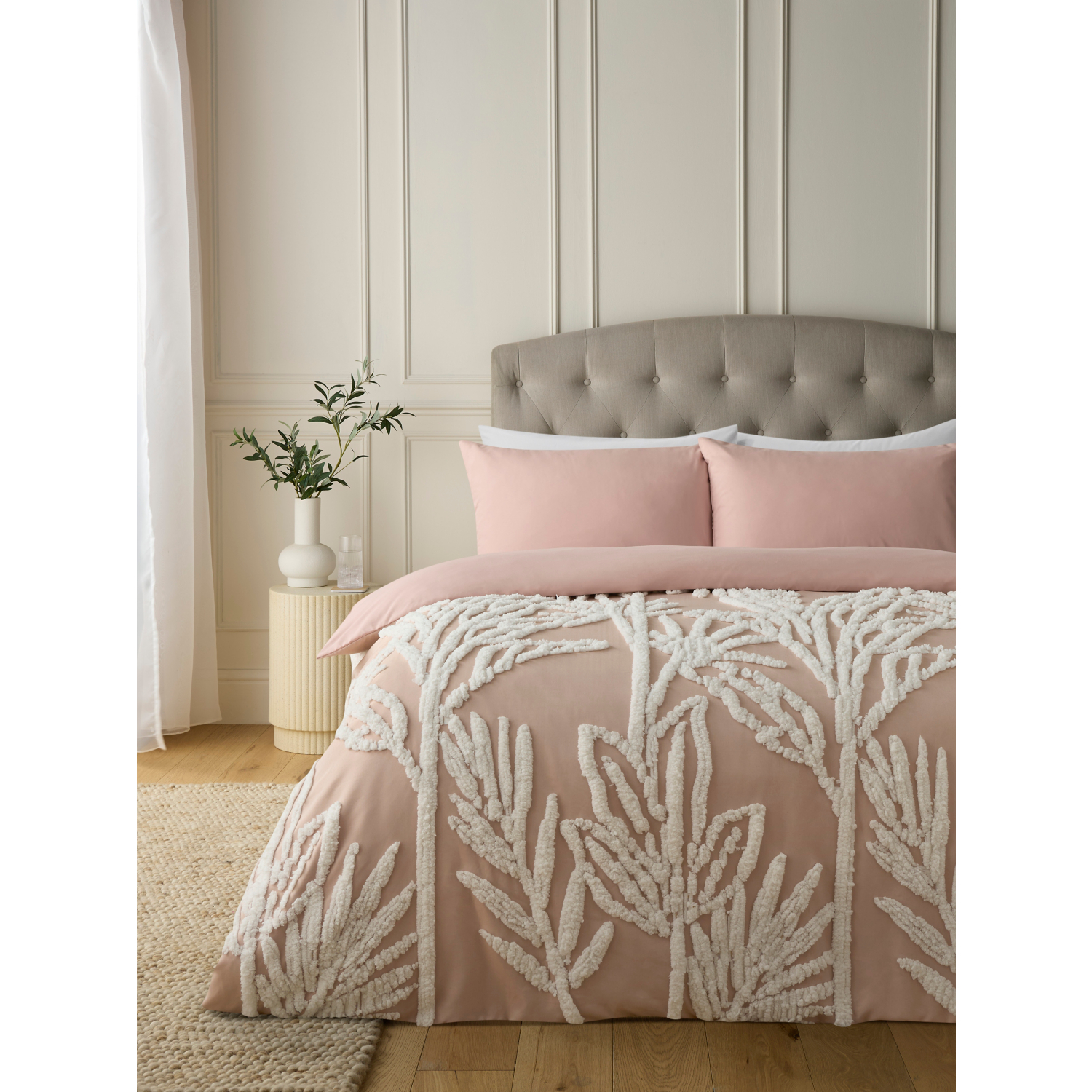 George Pink Palm Tree Print Tufted Duvet Set