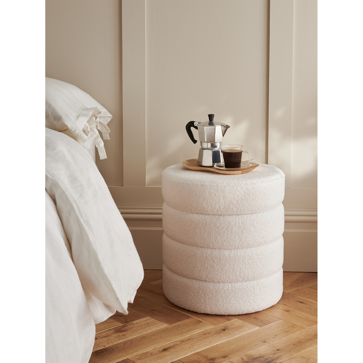 George Cream Round Ribbed Borg Storage Stool