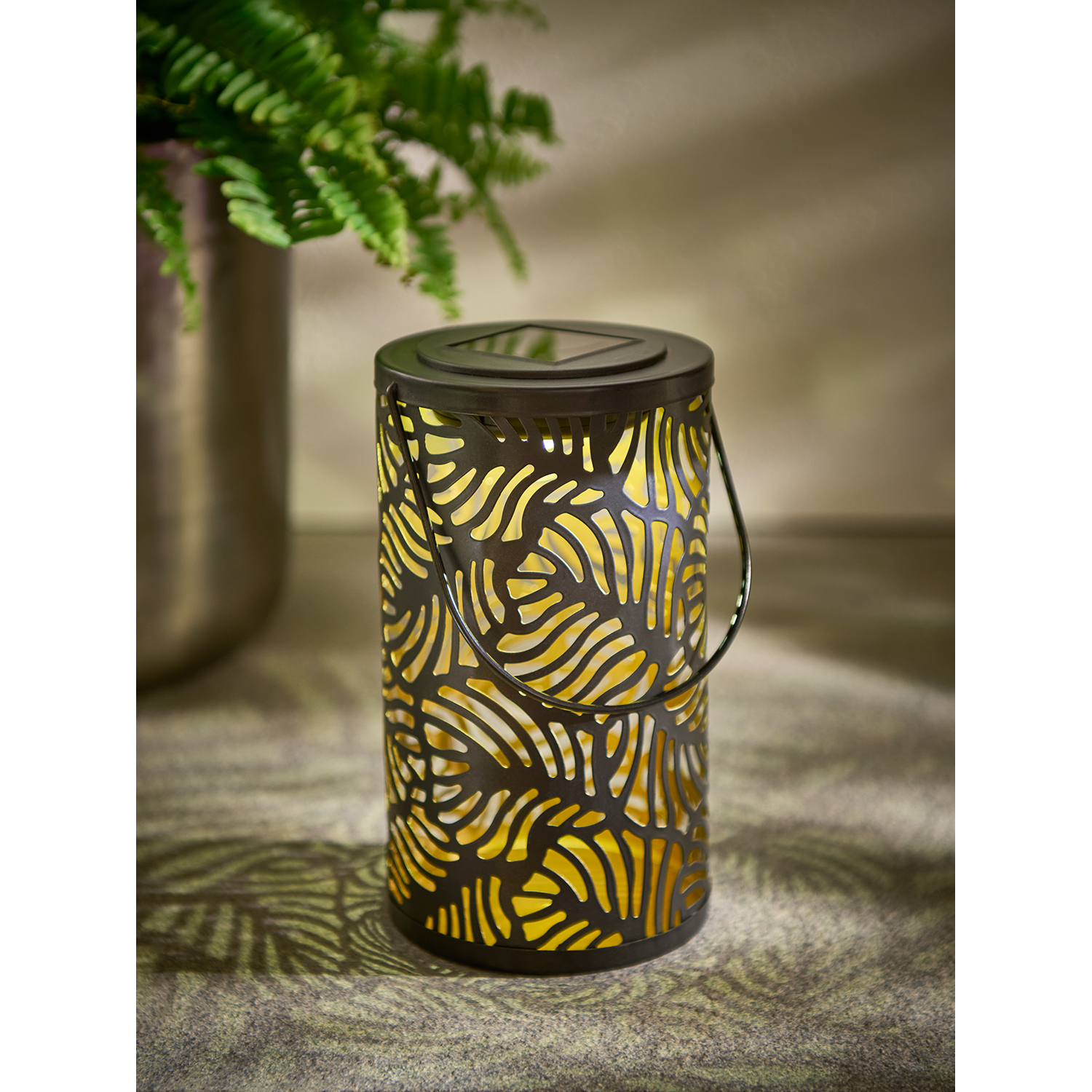 George Gold -Tone Solar Laser Cut Table Lantern With Leaf Print