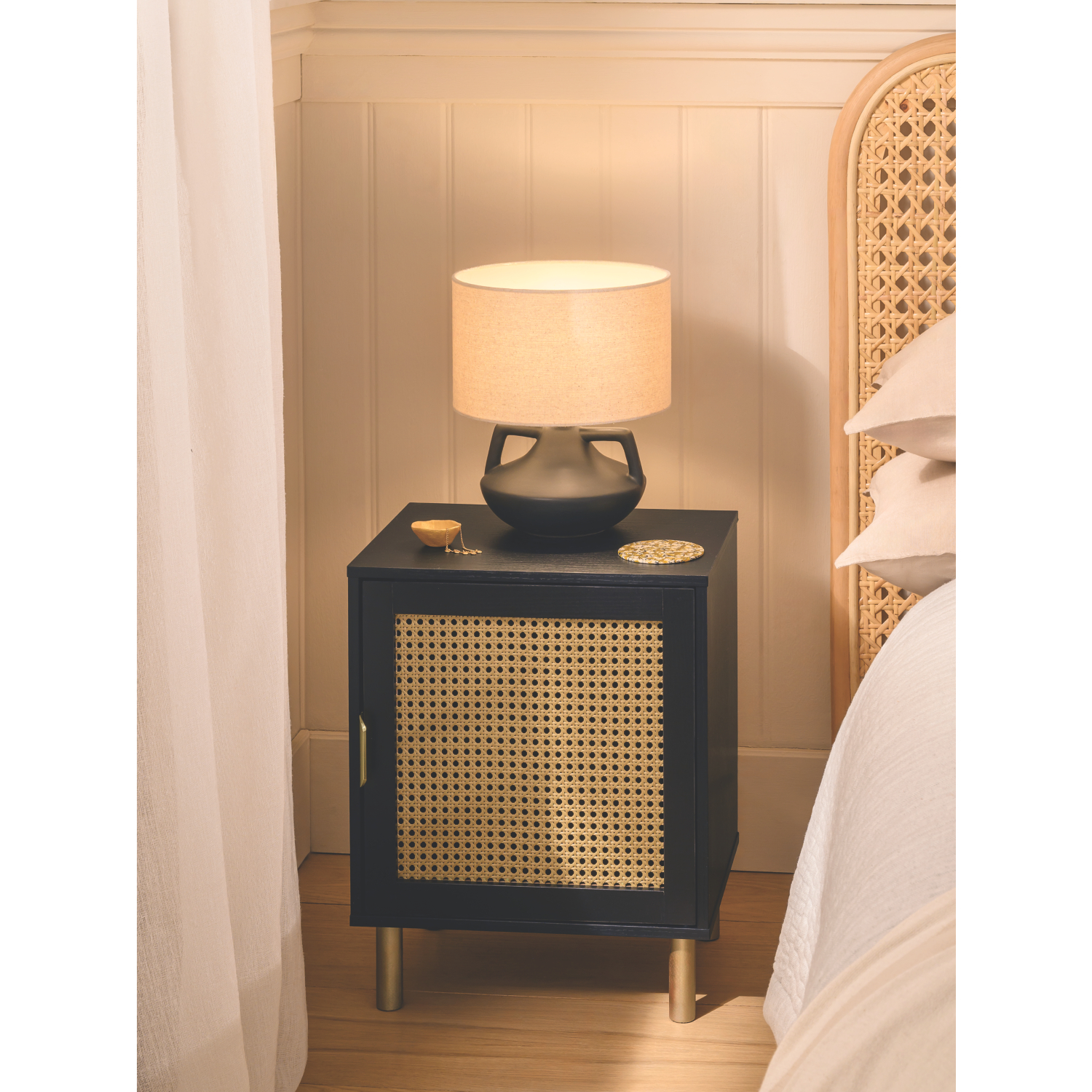 George Black Rattan Bedside Table