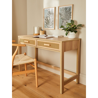 George Natural Brown Wooden Rattan 2 Drawer Desk - Natural Brown