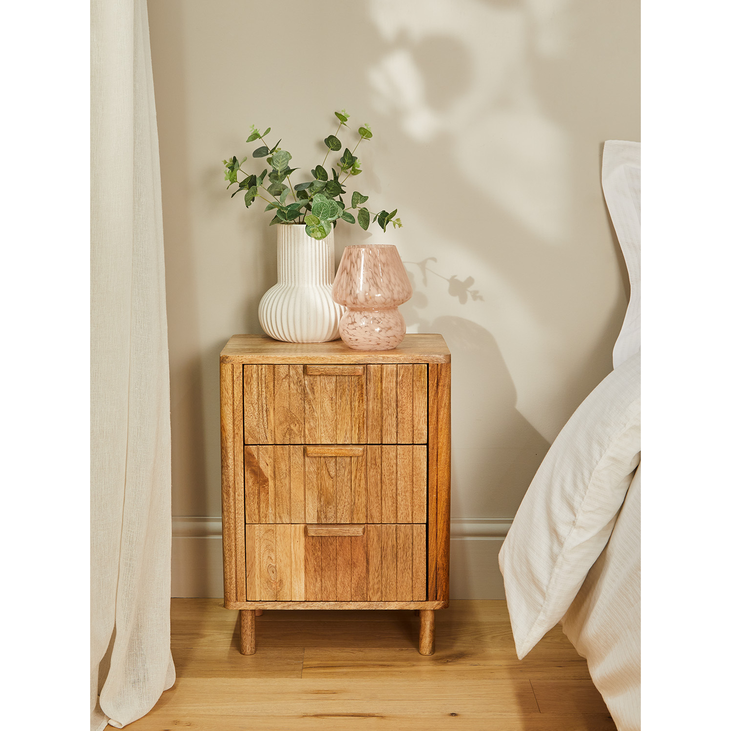 George Natural Brown 3 Drawer Wood Rib Effect Bedside Table
