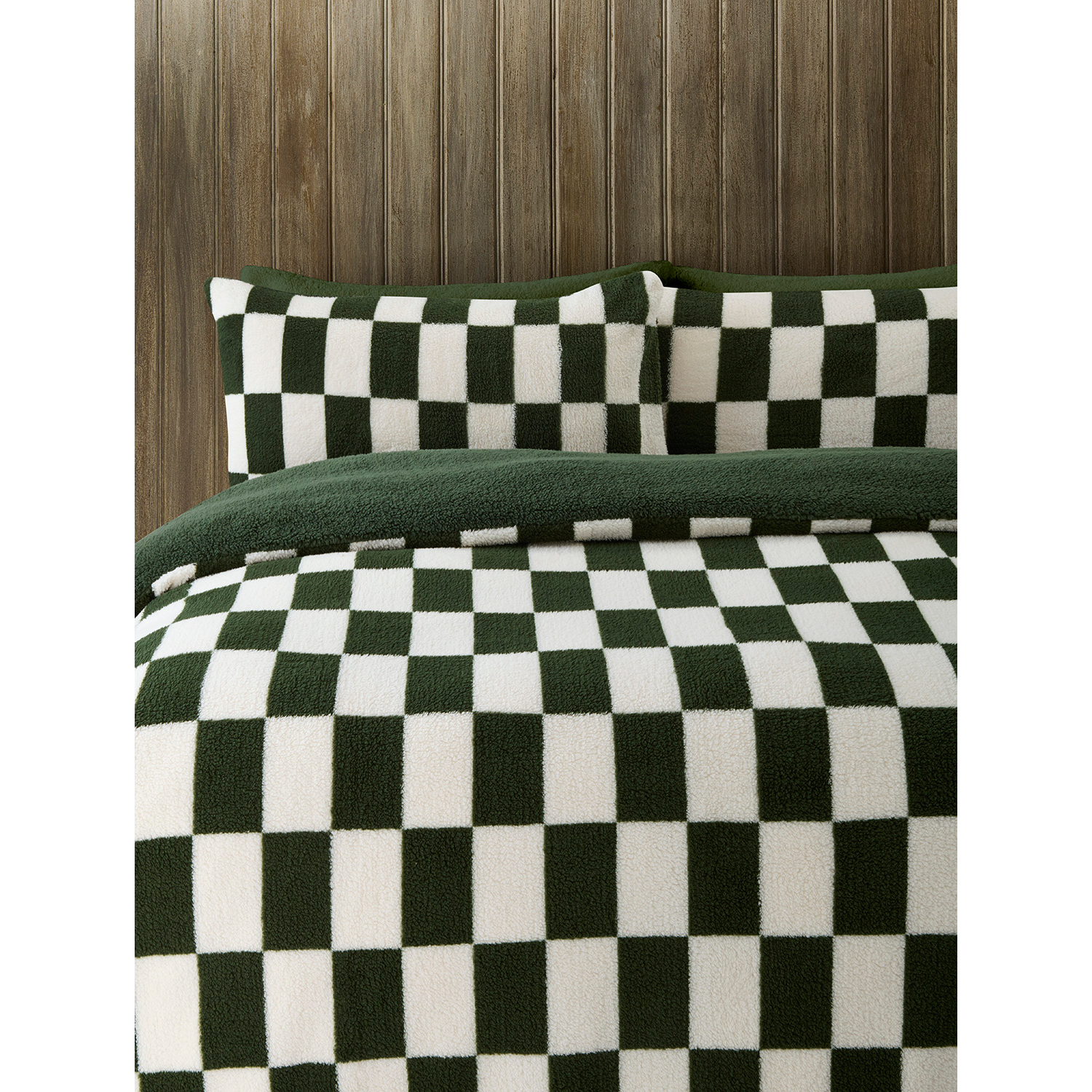 George Green & White Checkerboard Print Teddy Duvet Set