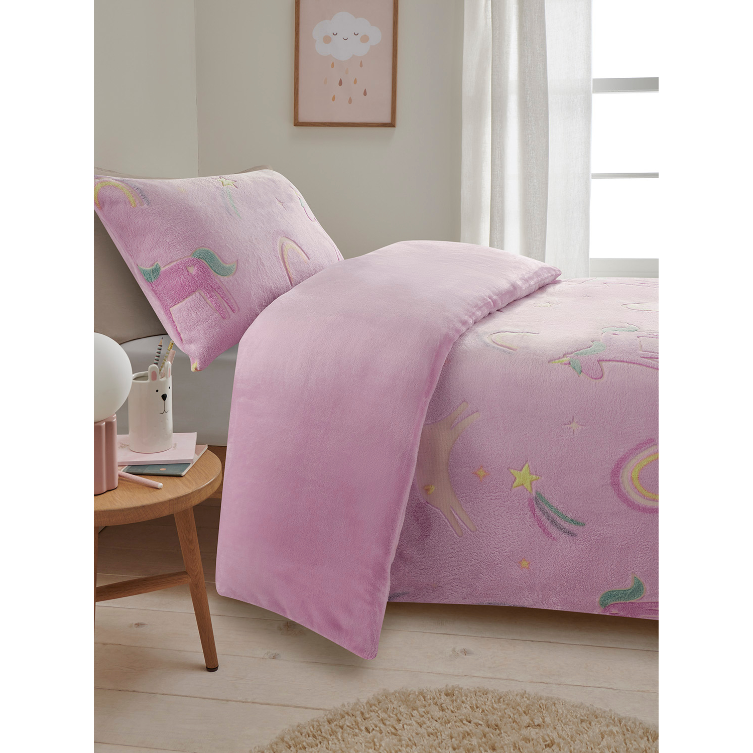 George Pink Cosy Unicorn Teddy Glow In The Dark Single Duvet Set