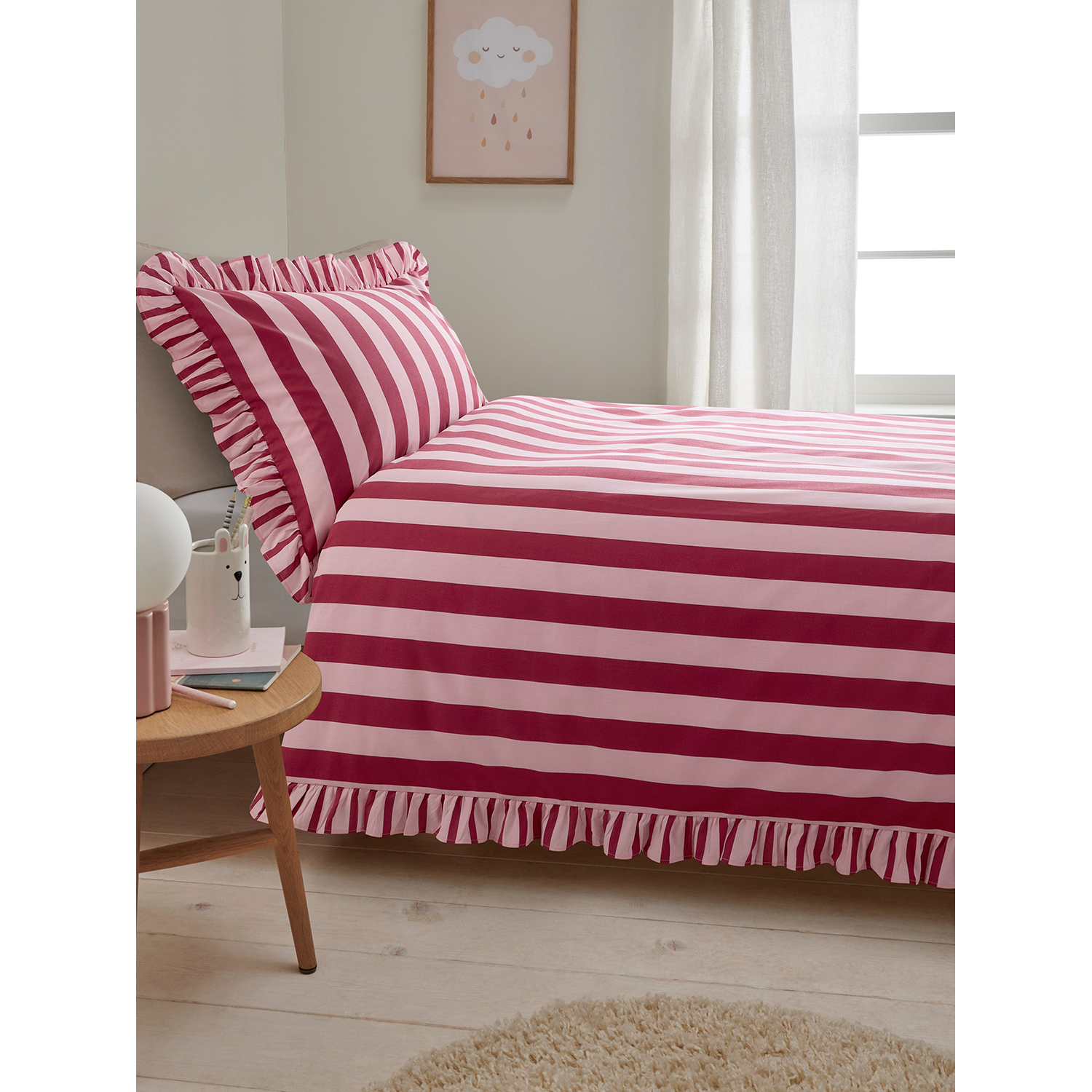 George Pink & Red Stripe Frill Reversible Duvet Set