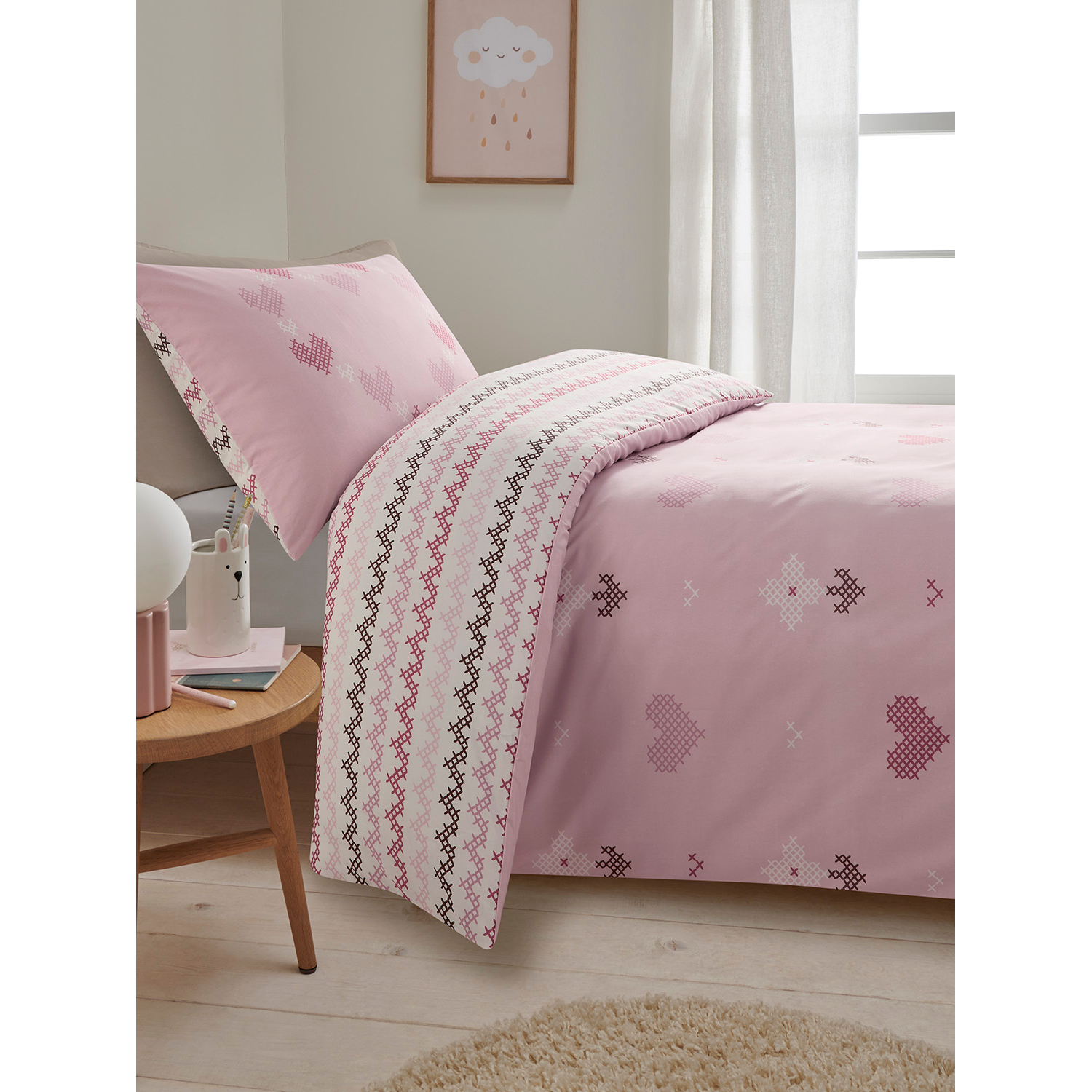 George Pink Cross Stitch Hearts Microfibre Duvet Set
