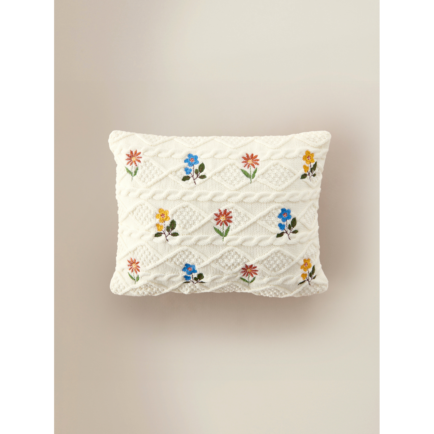 George White Embroidered Knitted Flower Cushion