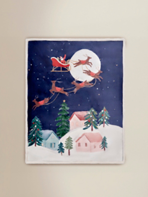 Christmas Sleigh Scene Panel Sherpa Throw 120x150cm Home