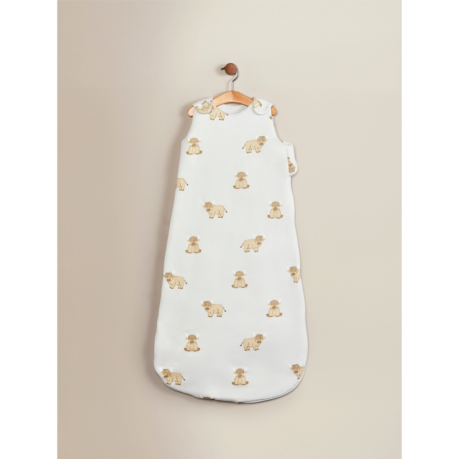 George Beige White Highland Cow Jersey Cotton Sleeping Bag - 2.5 Tog