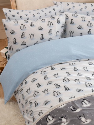 Christmas Painted Penguins Brushed Cotton Duvet Set Home