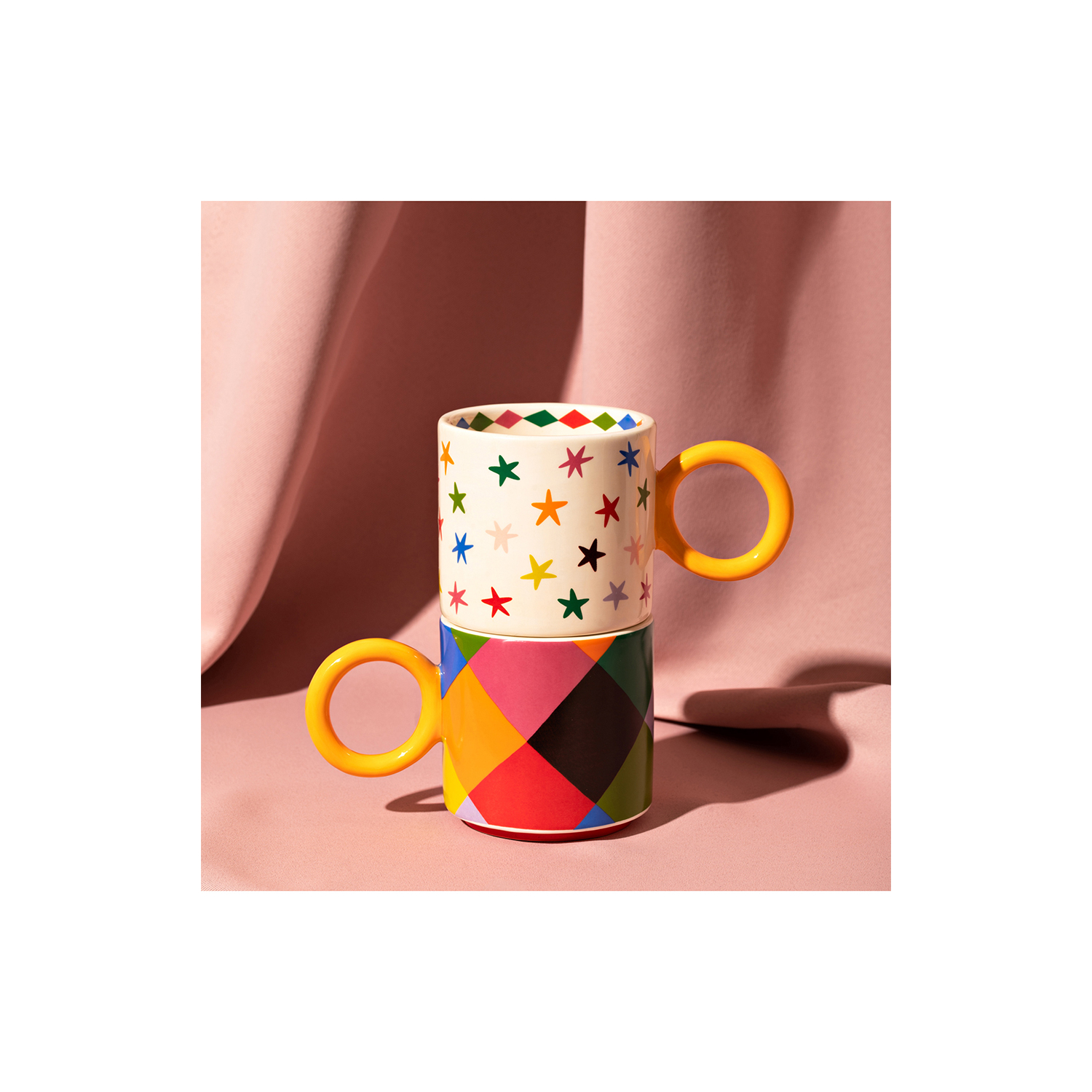 George Multi Raspberry Blossom Set 2 Check + Star Mugs