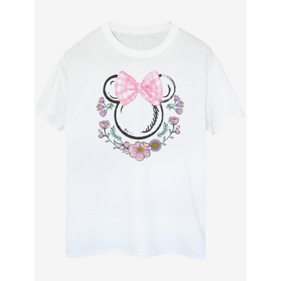 Disney Women's Minnie Mouse Flowers Cotton Bow Boyfriend T-Shirt in White | Size: Large