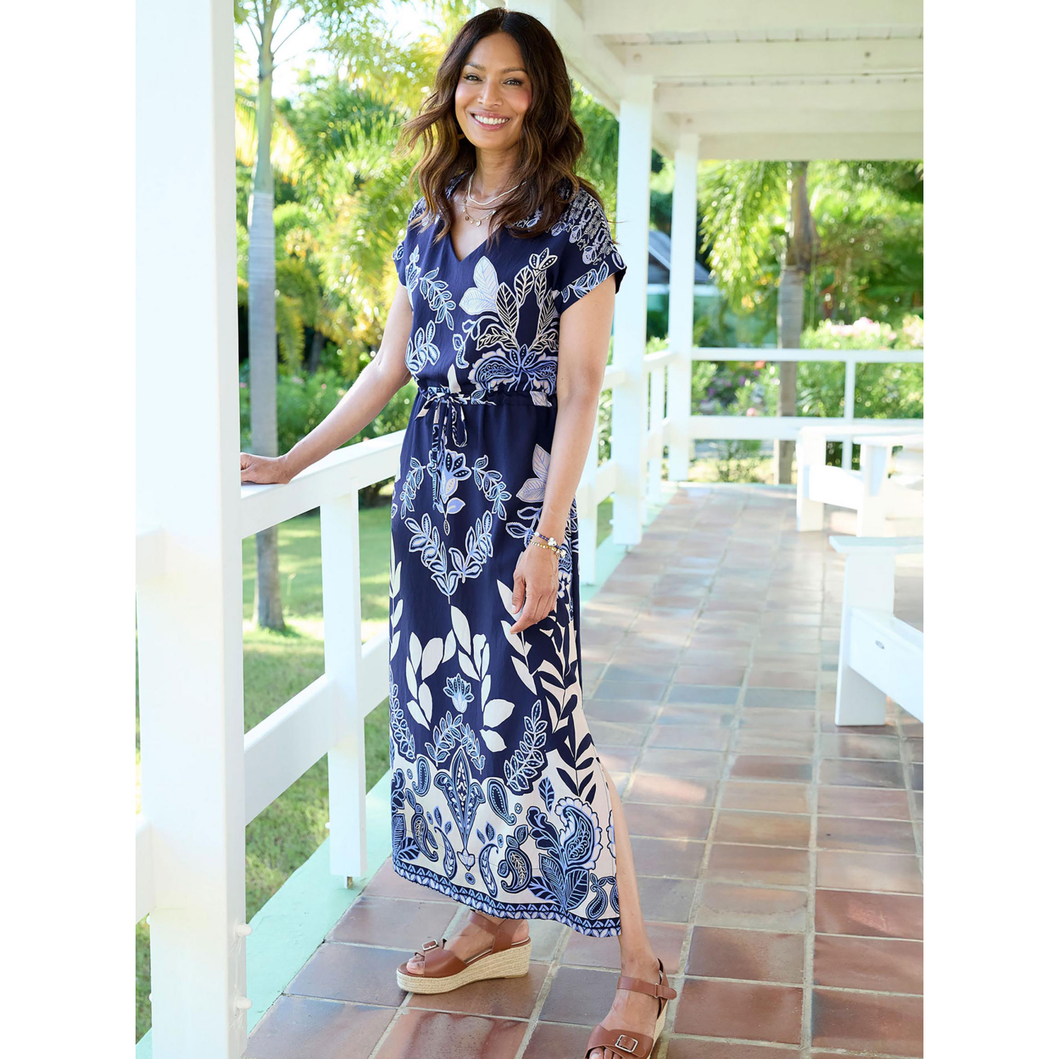 George Navy Cotton Traders Printed Tie Waist Maxi Dress