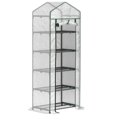 OUTSUNNY 5 Tier Mini Greenhouse Grow House w/ Roll Up Door, White/Green in White