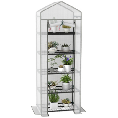OUTSUNNY 5 Tier Mini Greenhouse Grow House w/ Roll Up Door, White/Grey in White