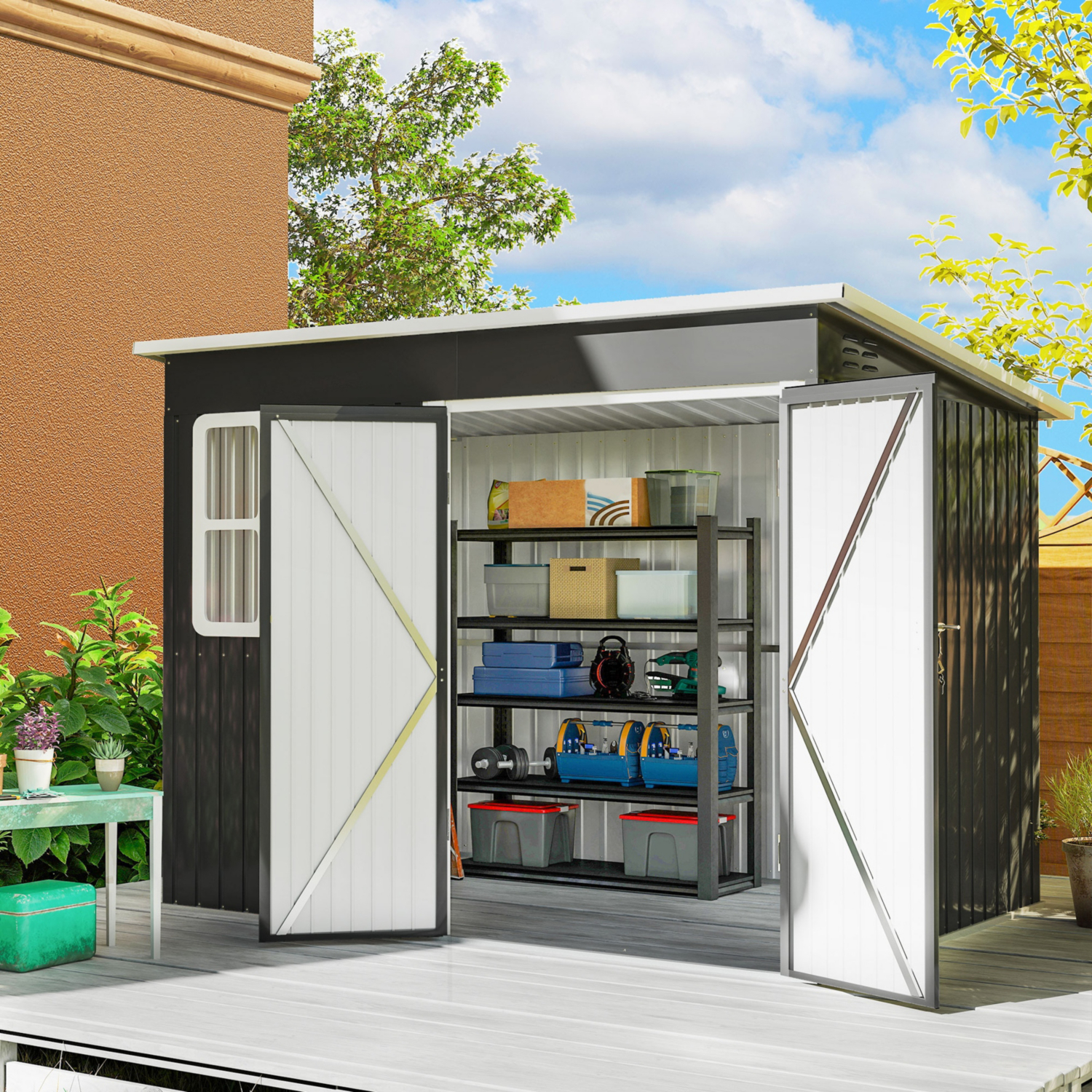Outsunny Unisex Dark Grey 8.5 X 6Ft Galvanised Steel Garden Shed With Foundation Kit, Grey In - Image 5