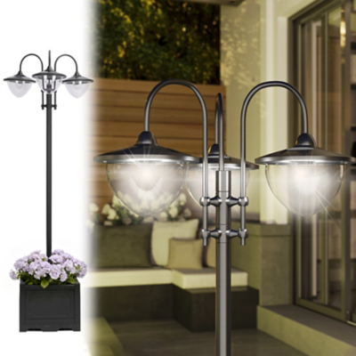 Outsunny 3-head LED Solar Light Lamp Street Light Post with Planter Base, Black, Black