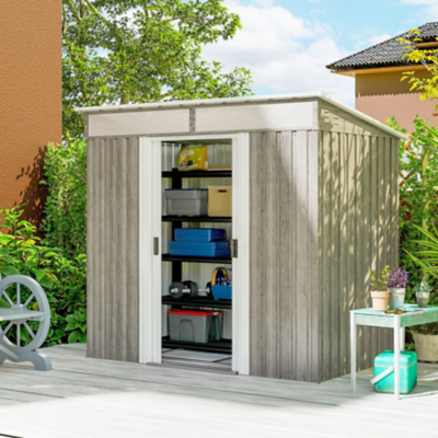Outsunny 6.5x4FT Garden Shed Lockable Metal Tool Shed Light Grey Wood Effect, Grey
