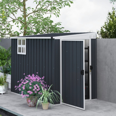 Outsunny Lean to Garden Storage Shed with Window, Dark Grey