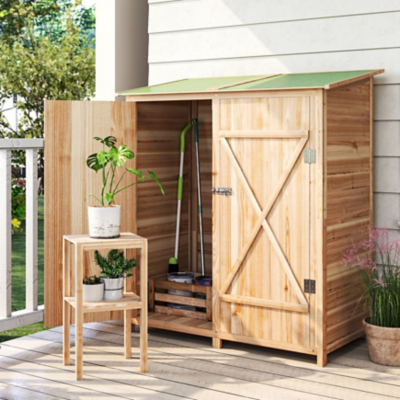 Outsunny Garden Storage Shed Tool Organizer w/ Table, 140x75x157cm, Natural, Brown