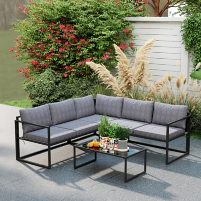 Outsunny 3 Piece L Shaped Garden Furniture Set with Cushions, Grey, Grey