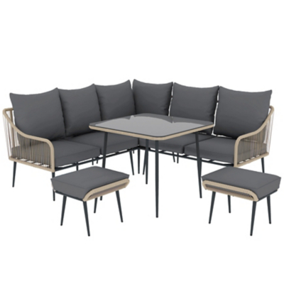 Outsunny 6 Piece Garden Furniture Set Garden Sofa w/ Cushions, Light Brown, Brown