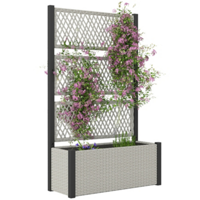 Outsunny Garden Planter Box with Trellis, Rattan Raised Bed, Mixed-grey, Grey