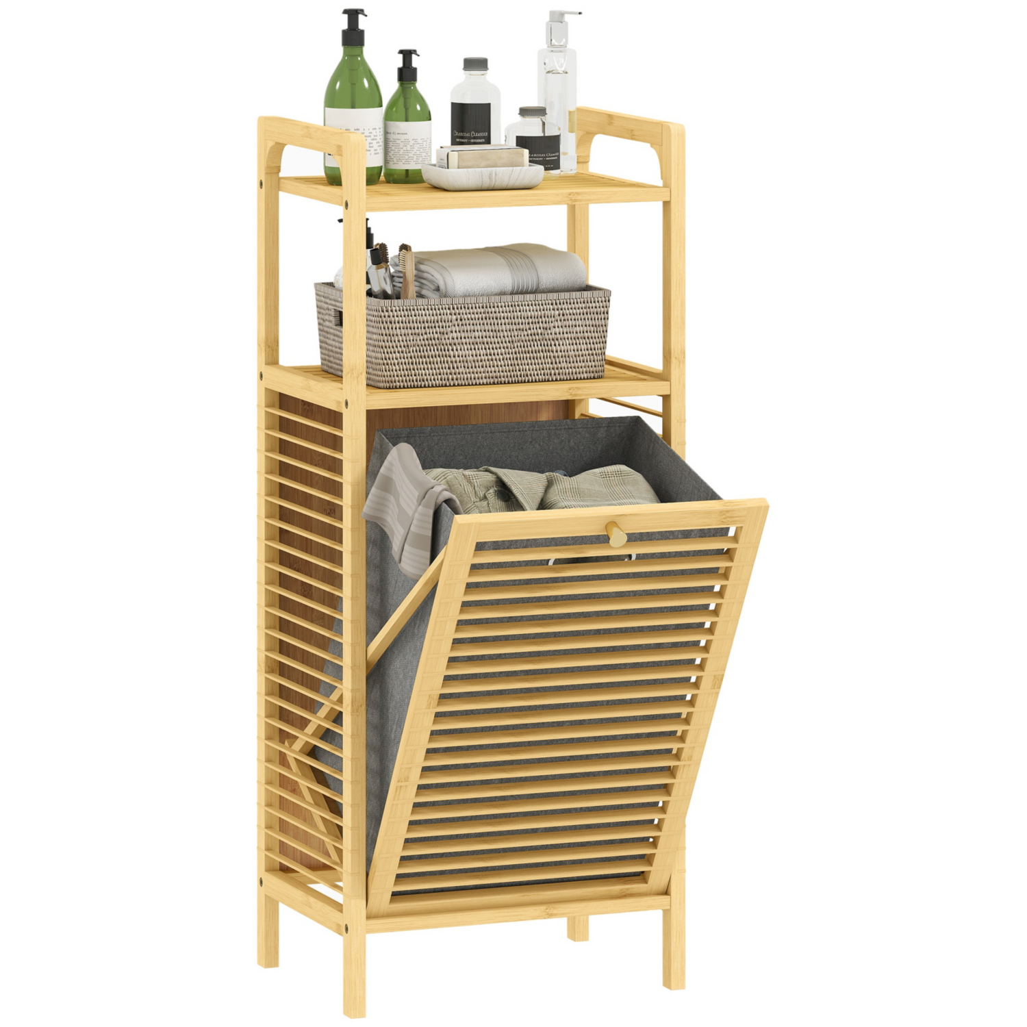 George Natural Homcom 37L Bamboo Hamper With Storage Cabinet