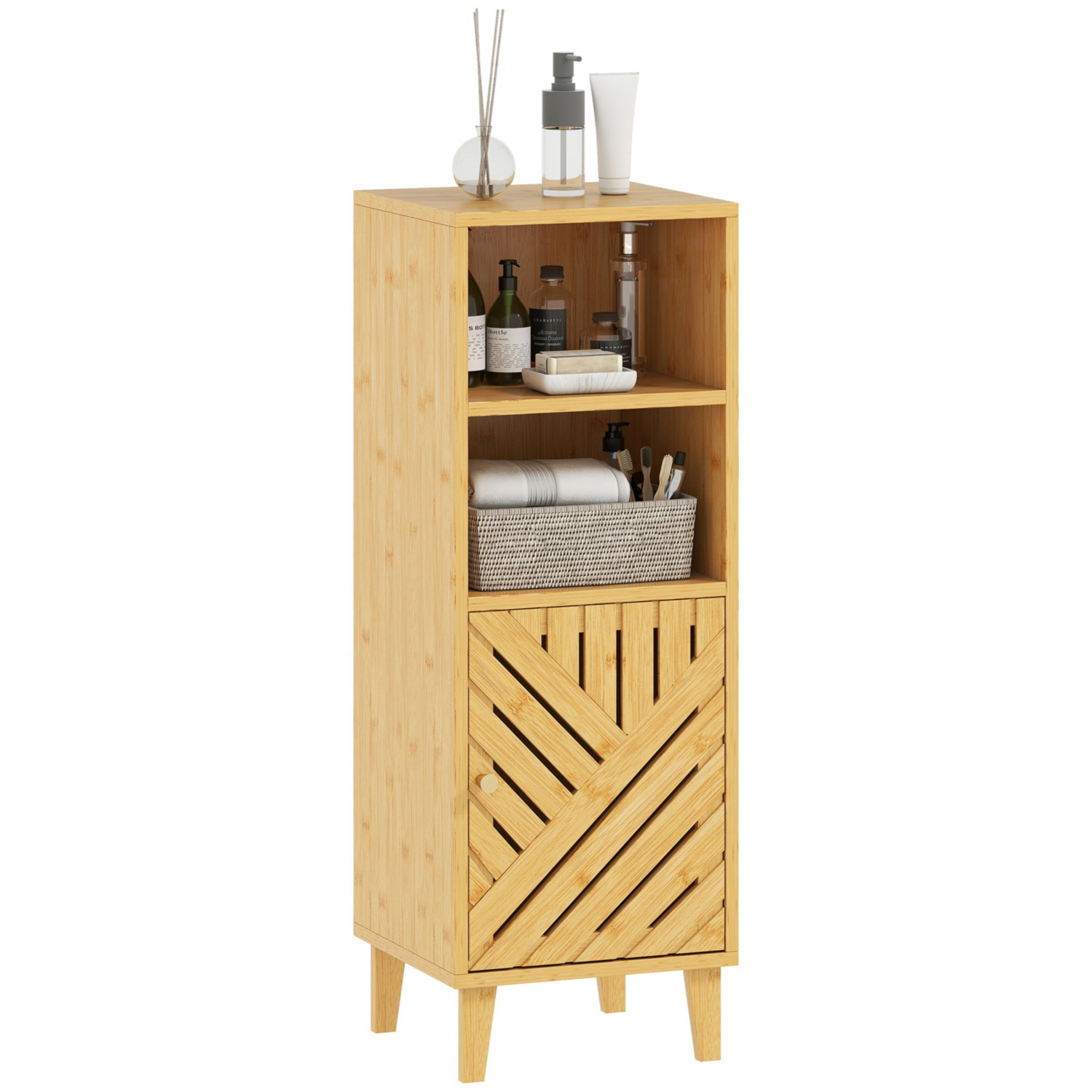 George Natural Homcom Bamboo Narrow Open Shelf Storage Cabinet