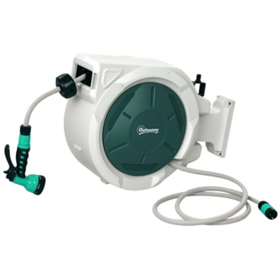 Outsunny Retractable Hose Reel Wall Mounted With Lock, Auto Rewind, Green, Green