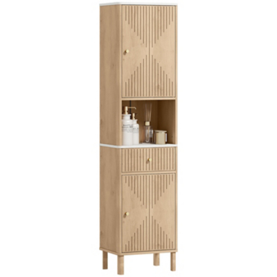 HOMCOM 168 cm Tall Bathroom Cabinet with Drawer and Adjustable Shelves, Oak, White