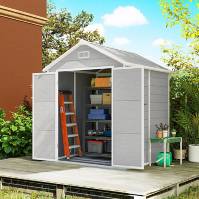 Outsunny 6 x 5ft Resin Garden Shed with Floor and Window, Light Grey, Grey