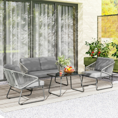 Outsunny 4 Piece Rattan Garden Furniture Set with Cushions, Grey, Grey