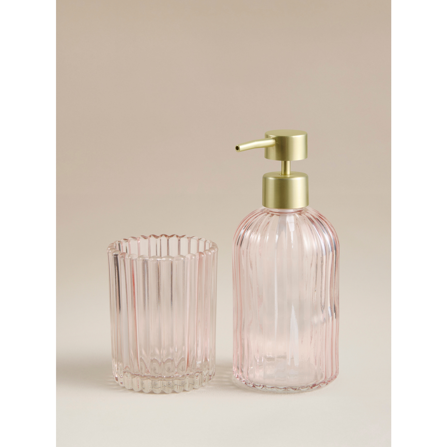 George Pink Glass Ribbed Soap Dispenser & Tumbler Set Of 2