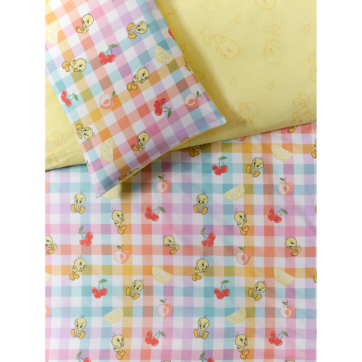 George Multi Looney Tunes Tweety Pie Gingham Reversible Duvet Set
